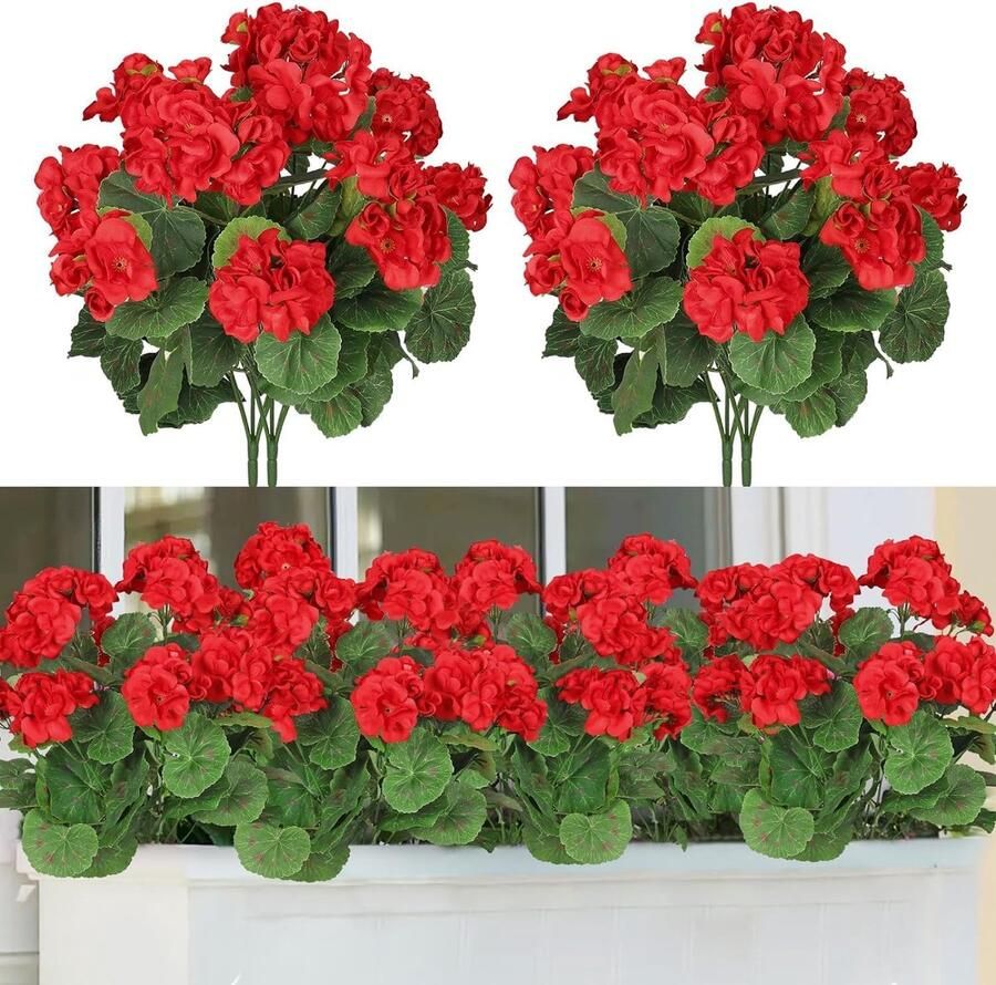 2 bundels kunstbloemen bloemen geranium decoratieve weerbestendige kunstplanten namaak plastic UV-bestendige bloemen voor bruiloft thuis patio feest tuin tafel decor (rood)