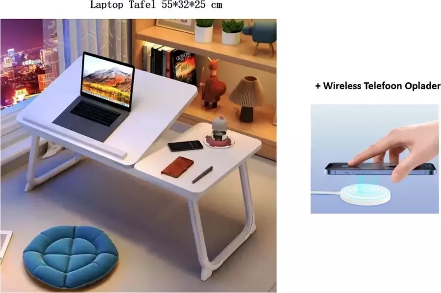 2 Delig: Houten Laptoptafel + Wireless Telefoon Oplader; Bedtafels Banktafel Laptoptafel Verstelbaar Laptop Standaard Ontbijt Tafeltje Wit -55*32*25cm