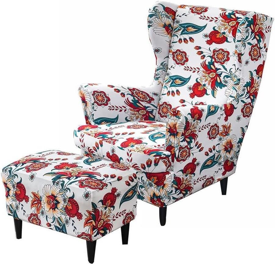 2-delig Wingback stoelhoezen met Ottomaanse hoes rekbare vleugelstoel hoes wasbare spandex stof bankhoes meubelbeschermer voor fauteuil stoel slaapkamer hotel (Mandala)