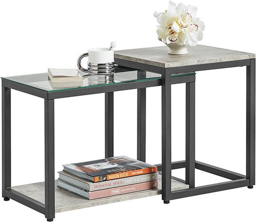 Rootz Living Rootz 2-delige nesttafelset Salontafel met glazen blad Bijzettafels MDF en ijzeren frame Veelzijdig gebruik Stabiel en niet-wiebelend ontwerp Eenvoudige montage Groot: 55 cm x 44 cm x 34 cm Klein: 40 cm x 50 cm x 40 cm