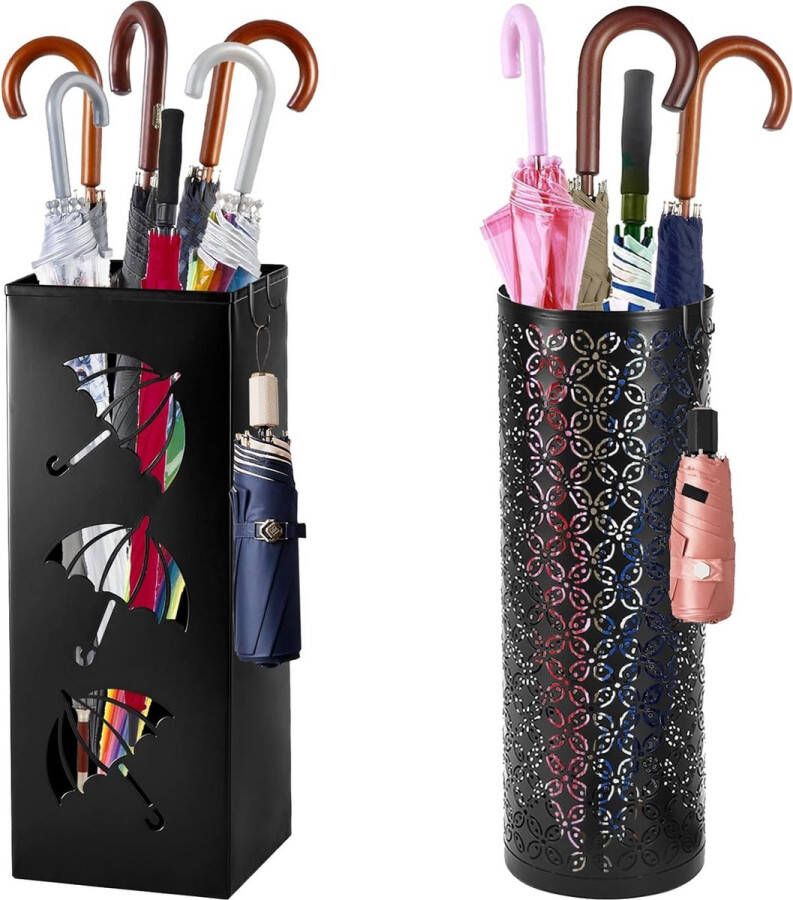 2-delige rechthoekige ronde paraplubak met 4 haken Koolstofstaal paraplu skistok krukopslag voor entree thuiskantoor hotel (zwart)