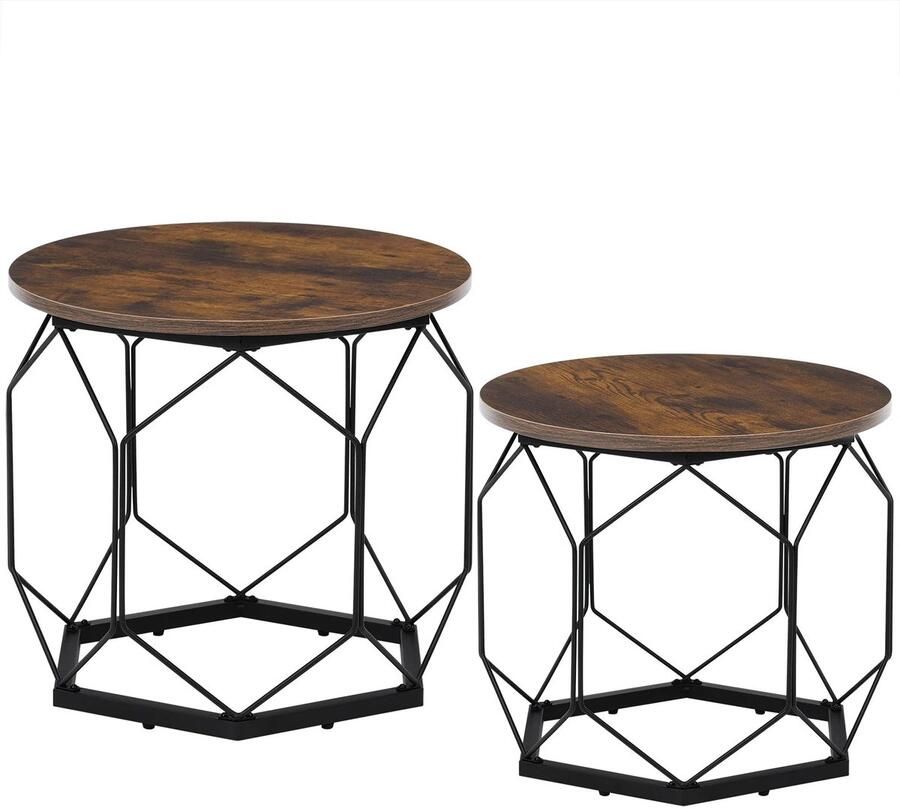 Corenia Salontafel 2-delige Ronde Salontafel Set Bijzettafels met Opbergruimte Houten Tafelblad & Hol Metalen Frame Woonkamer & Slaapkamer Bruin