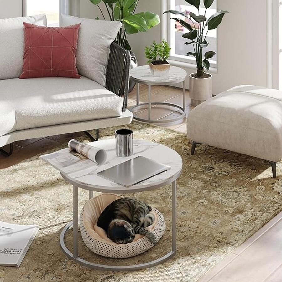 2-delige Ronde Salontafelset – Wit met Zilveren Metalen Poten Ø 70 & Ø 50 cm