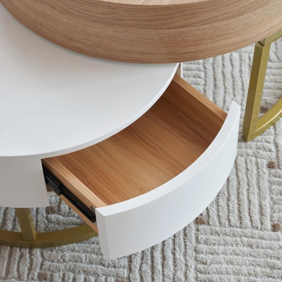 2-delige Salontafel Set Wit & Houtkleur Inklapbare Nesting Tafel met 2 Lades Verstelbare Hoogte Woonkamer