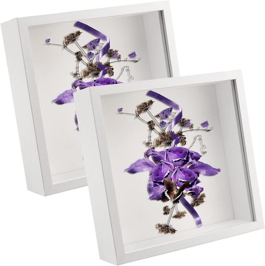 Allecto Plus Houten Fotolijst 20x20cm Set van 2 stuks Fotolijst voor 3D Foto's Vierkante Fotolijst voor Muur of Tafel Wit