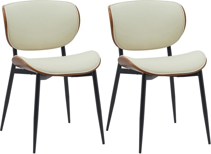 CLP Enid Set van 2 Eetkamerstoelen bezoekersstoel met rugleuning en bekleding metalen frame hout Kunstleer walnoot creme