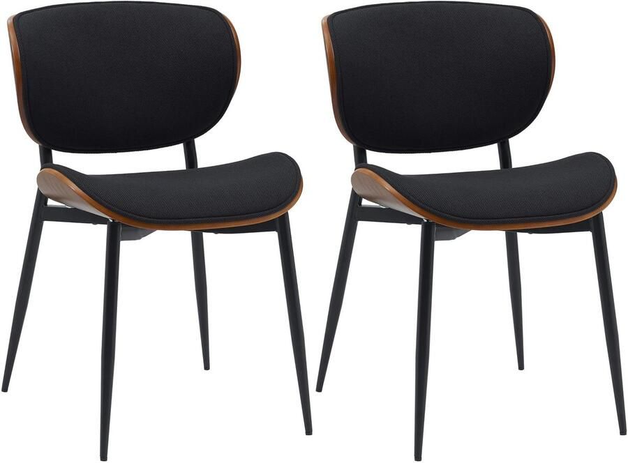 CLP Enid Set van 2 Eetkamerstoelen bezoekersstoel met rugleuning en bekleding metalen frame hout Stof walnoot zwart