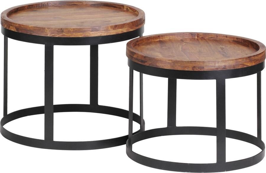Rootz Living Rootz 2-delige set bijzettafels woonkamertafels ronde tafelbladen stijlvolle nerf metalen voet handgemaakt sheeshamhout 53 cm x 45 cm x 53 cm 48 cm x 40 cm x 48 cm klassiek ontwerp