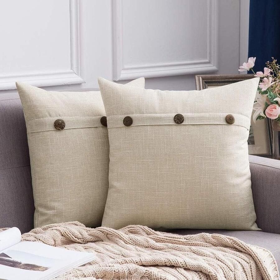 2-delige set decoratieve kussenhoezen linnenlook knopen bank slaapkamer woonkamer 60 x 60 cm melkwit kussenhoes 60x60