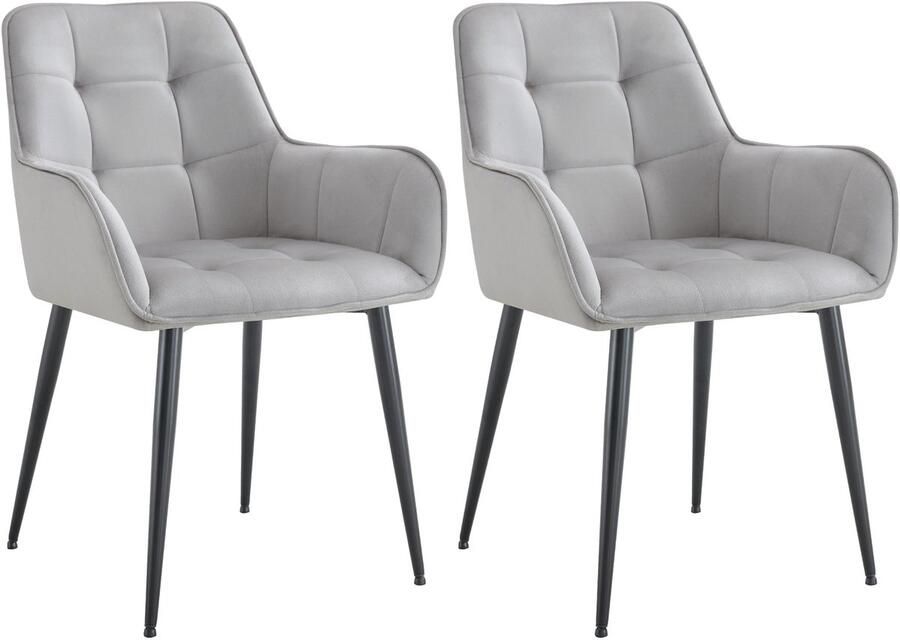 CLP Ferndale Set van 2 eetkamerstoelen met armleuning klassiek met metalen poten velvet fluweel licht grijs