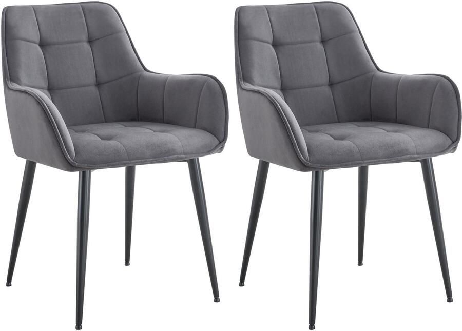 CLP Ferndale Set van 2 eetkamerstoelen met armleuning klassiek met metalen poten velvet fluweel donkergrijs