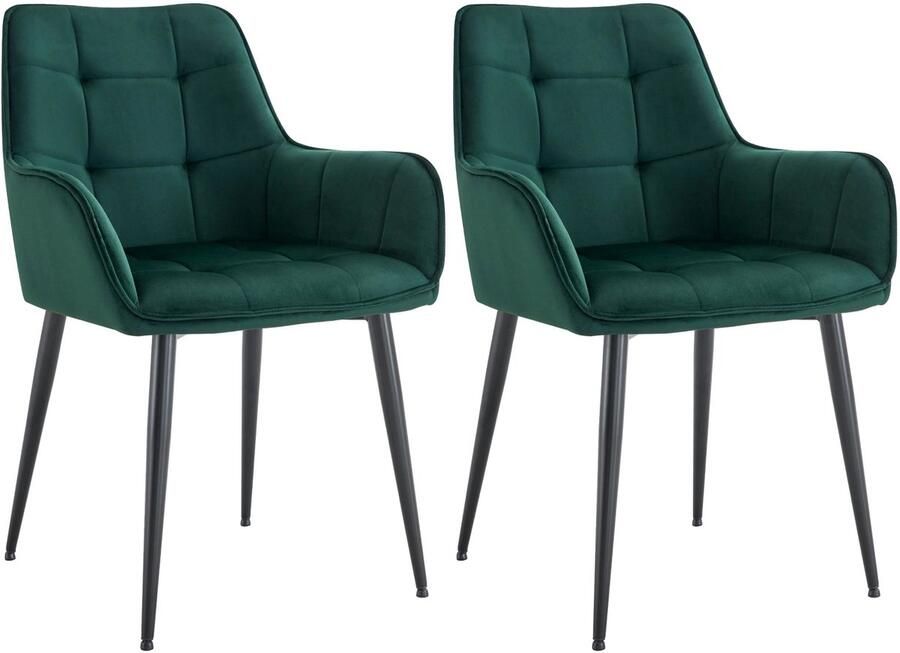 CLP Ferndale Set van 2 eetkamerstoelen met armleuning klassiek met metalen poten velvet fluweel donkergroen