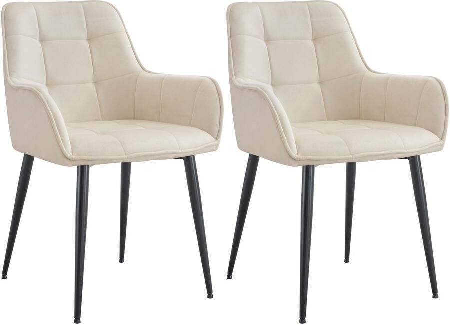 CLP Ferndale Set van 2 eetkamerstoelen met armleuning klassiek met metalen poten velvet fluweel creme