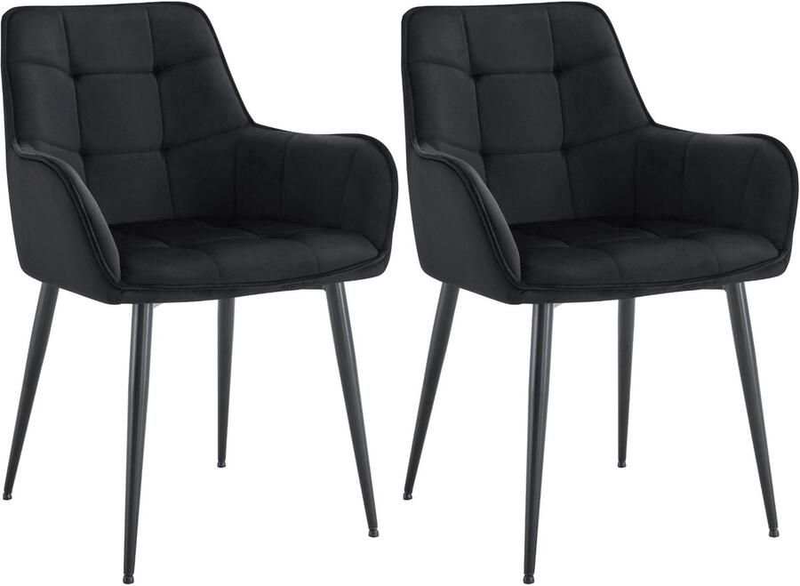 CLP Ferndale Set van 2 eetkamerstoelen met armleuning klassiek met metalen poten velvet fluweel zwart