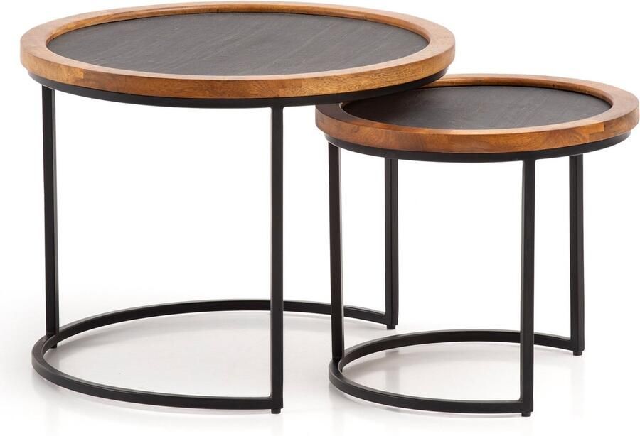 Rootz Living Rootz 2-delige set moderne design salontafels ronde tafels handgemaakte tafels natuurlijke houtnerf steenlook 60 cm x 60 cm x 46 cm en 44 cm x 44 cm x 40 cm