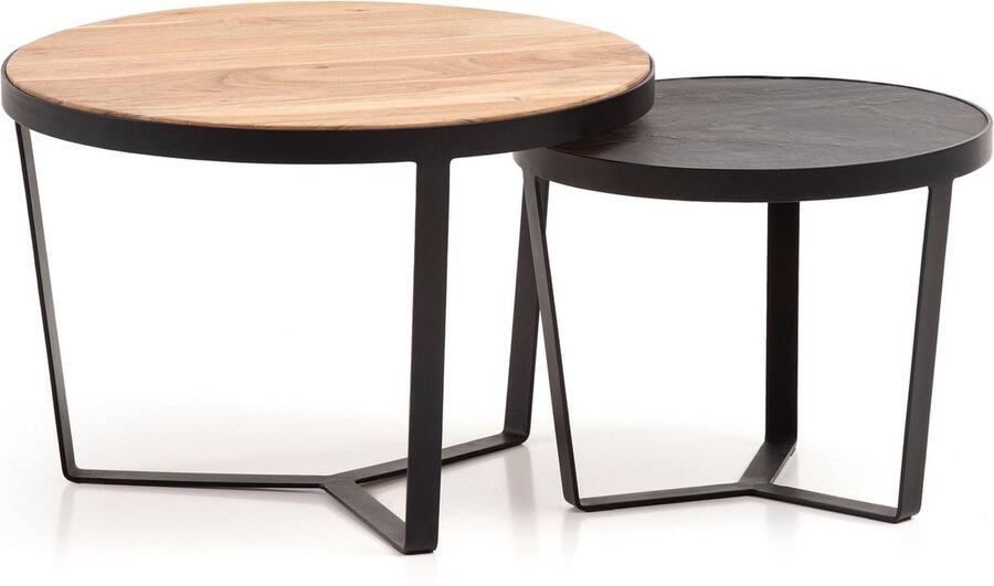 Rootz Living Rootz 2-delige set moderne salontafels ronde tafels banktafels natuurlijke houtnerf elegante steenlook handgemaakt uniek ontwerp grote tafel: 60 cm x 60 cm x 40 cm kleine tafel: 44 cm x 44 cm x 35 cm