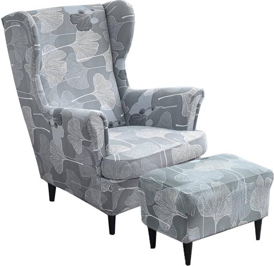 2-delige set oorstoelbekleding met voetenbankhoes fauteuil-hoezen stoelhoezen overtrek fauteuilhoes stretch tijgerstoelhoes met armleuning hoge rugleuning (Ginkgo biloba)