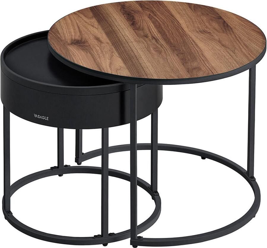 2-delige set salontafel walnoot zwart ronde accenttafels MDF spaanplaat staal 60 cm x 60 cm x 45 cm en 44 cm x 44 cm x 42 cm