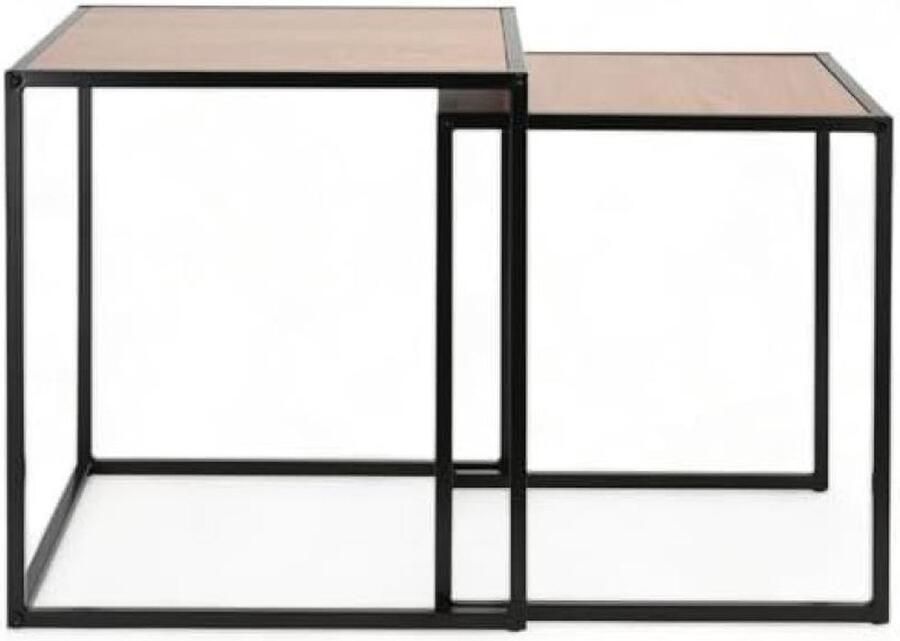2-delige set vierkante bijzettafels van metaal met houten plaat