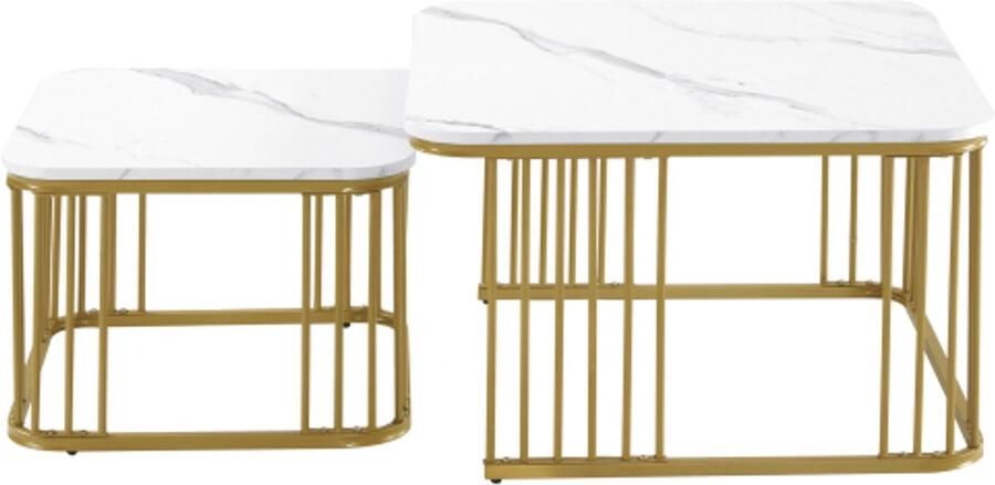 2-delige set vierkante hoogglans marmerlook salontafels in elkaar schuifbare tafels met gouden poten 70x70x45 cm en 50x50x36 5 cm veelzijdig inzetbaar