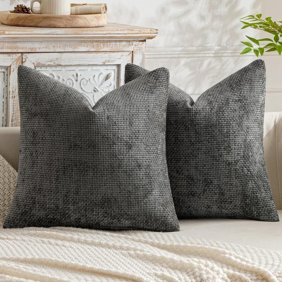 2-delige set zachte sierkussens van chenille met kwastjes grijs 45 x 45 cm voor moderne banken en woonkamers