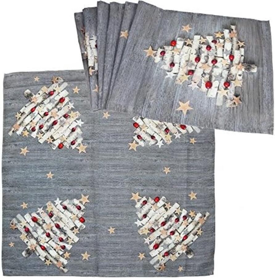 2-delige tafelkleedset bestaande uit tafelkleed en tafelloper in kerstdesign met kerstboom (Dennenboom Set)