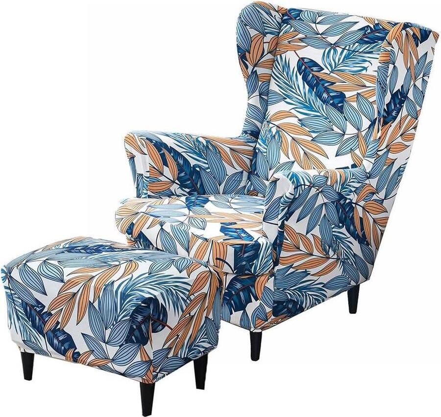 2-delige Wingback stoelhoes met Ottomaanse hoes rekbare hoes voor vleugelstoel wasbare spandex stof meubelbeschermer voor fauteuil stoelen blauw - Foto 2