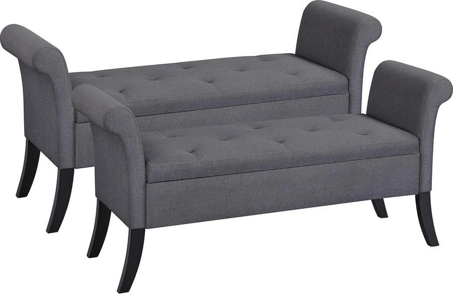 2-delige zitbank met opbergruimte opbergdoos opvouwbare poef zitkist met armleuningen max. belastbaarheid 300 kg stoffen bekleding zithoogte 46 cm donkergrijs