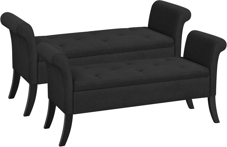 2-delige zitbank met opbergruimte opbergdoos opvouwbare poef zitkist met armleuningen max. belastbaarheid 300 kg stoffen bekleding zithoogte 46 cm zwart