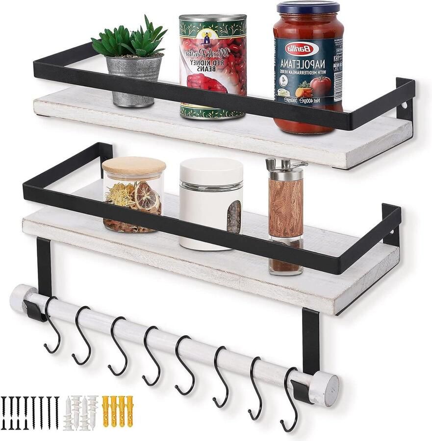 2-delige zwevende wandrek van hout in vintage wit met handdoekhouder 8 haken ideaal voor keuken woonkamer badkamer
