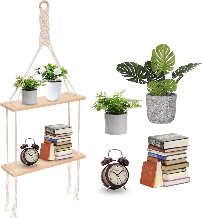 2 etages houten boho macramé wandrek hangrek wandrek voor planten boho-plank zwevend rek macramé rek voor woonkamer slaapkamer balkon decoratie interieur
