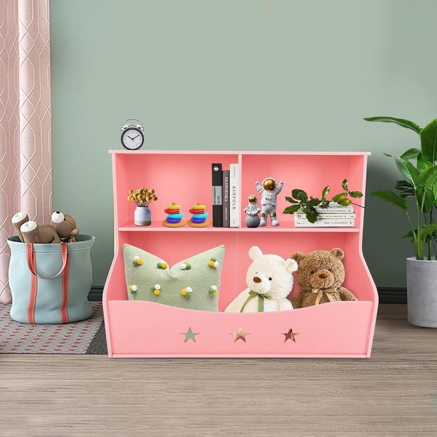 2-in-1 boekenkast speelgoedrek opbergorganizer voor kinderen 2 niveaus boekenkast speelgoed boekenkast thuisbox kinderkamer hout roze