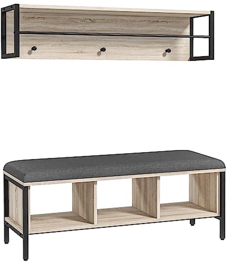 2-in-1 entree meubelset schoenenbank met kapstok en opbergruimte naturel en zwart