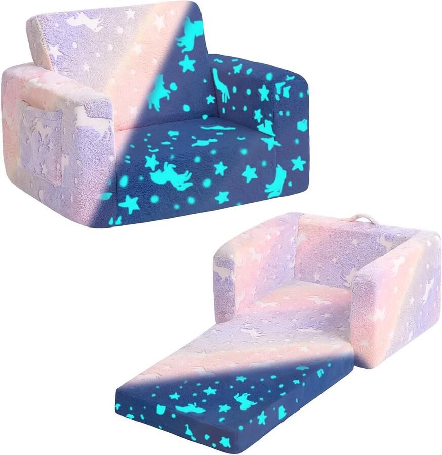 2-in-1 kinderbankstoel glow in the dark convertible toddler stoel opklapbaar kinderspeelbank met zijzakken armsteun stoel voor meisjes of jongens