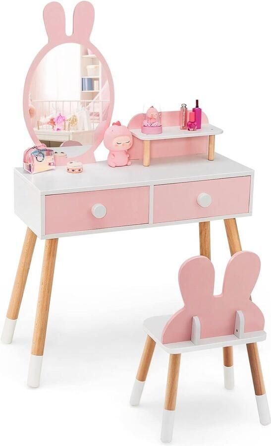 2-in-1 Kindermake-uptafel met Spiegel en Kruk Roze Kaptafel voor Meisjes