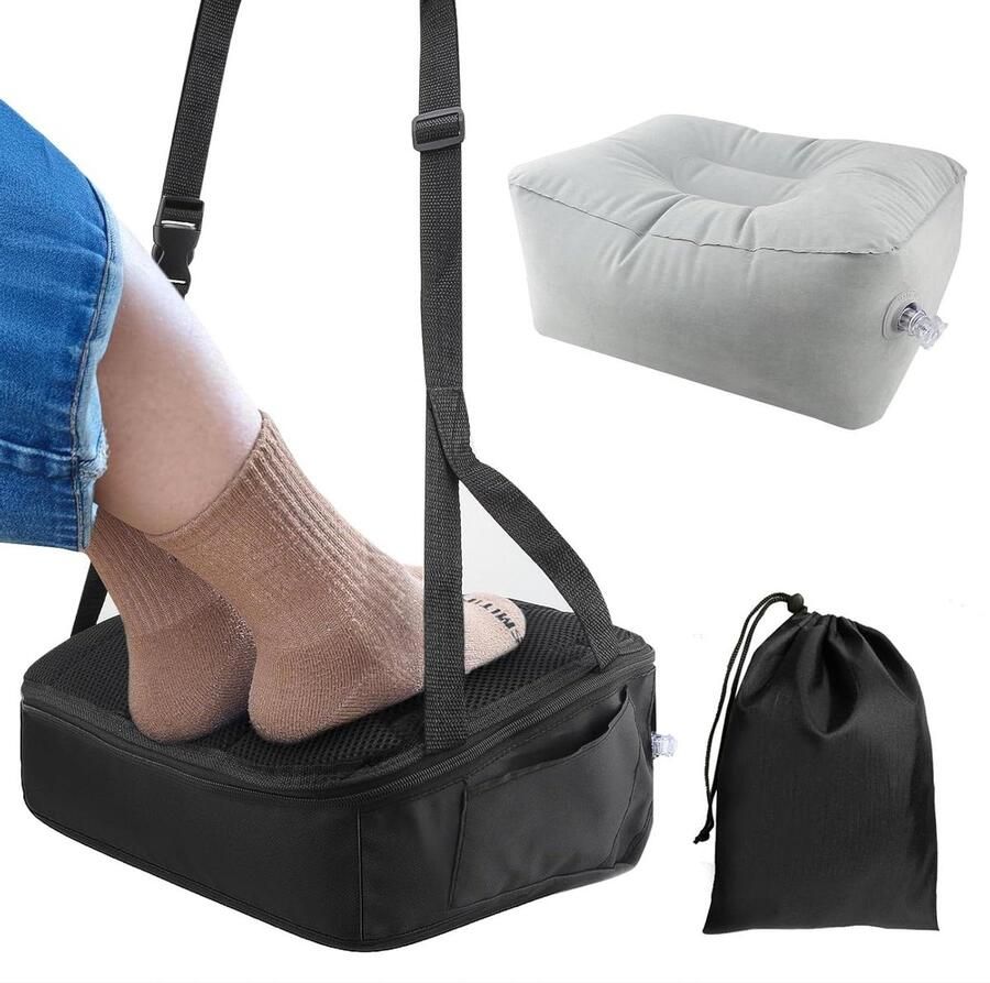 Inflatable 2-in-1 Airplane Footrest Portable Travel Foot Hammock for Car Train Cinema