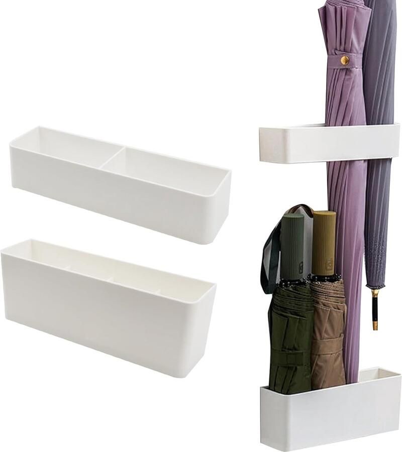 2-in-1 Paraplubak Wandgemonteerde Paraplubak Dubbellaags Paraplubak Parapluhouder Klittenband Muur Geen ponsen Ruimtebesparend Afneembaar Wit