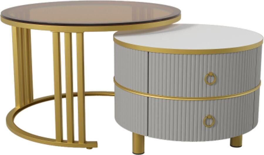 GOTAGEE 2-in-1 ronde MDF salontafel bijzettafel met 1 hoogglans tafelblad en 1 bruin gehard glazen tafelblad salontafelcombinatie voor in de woonkamer met 2 lades 70*70*45 + 50*50*40 cm