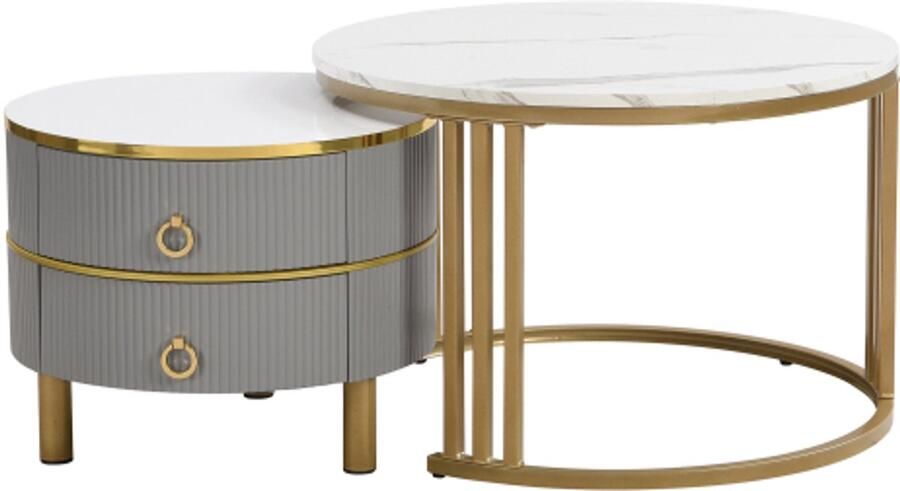 GOTAGEE 2-in-1 ronde MDF salontafel bijzettafel met glanzend blad en 1 wit marmeren blad salontafelcombinatie voor in de woonkamer met 2 lades 70*70*46 + 50*50*40 cm