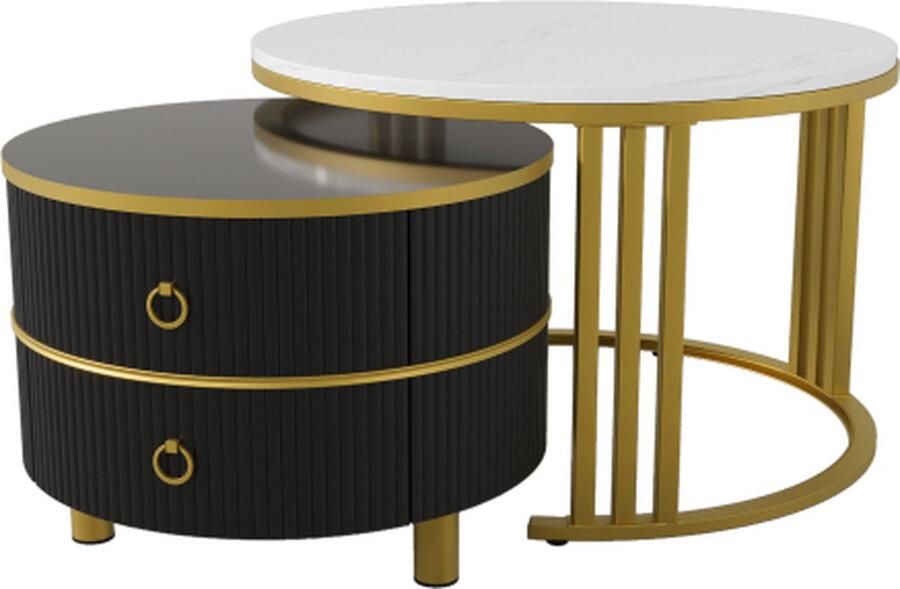 Zonder merk Gotagee 2-in-1 Ronde MDF Salontafel Bijzettafel Met Glanzend Blad En 1 Witte Marmeren Tafelblad Woonkamer Salontafelcombinatie Met 2 Laden 70x70x46 + 50x50x40cm