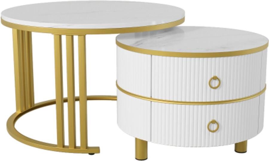 GOTAGEE 2-in-1 Ronde MDF Salontafel Bijzettafel Met Glanzend Blad En 1 Witte Marmeren Tafelblad Woonkamer Salontafelcombinatie Met 2 Laden 70x70x46 + 50x50x40cm - Foto 2