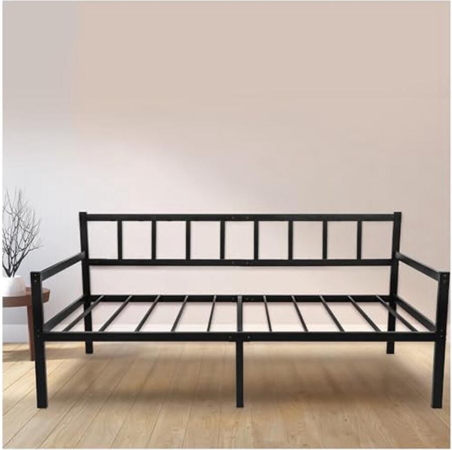 2 in 1 slaapbank met zwart metalen frame Eenpersoonsbed met boxspring en opbergruimte 92x212x36 cm