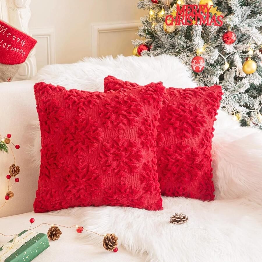 2 Kerst Sneeuwvlok Sierkussenhoezen 45×45cm Zacht Rode Decoratieve Kerst Sierkussens Perfect voor Bank Feestdagen en Winterdecoratie