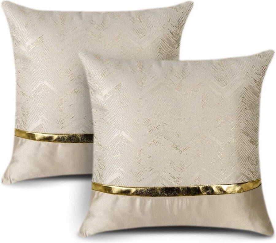 2 kussenslopen voor bed- bank- en autodecoratie. Luxe moderne minimalistische gouden lederen stiksels met golvende strepen. Vierkante kussensloop slopen voor decoratiekussens 45 x 45 cm (beige