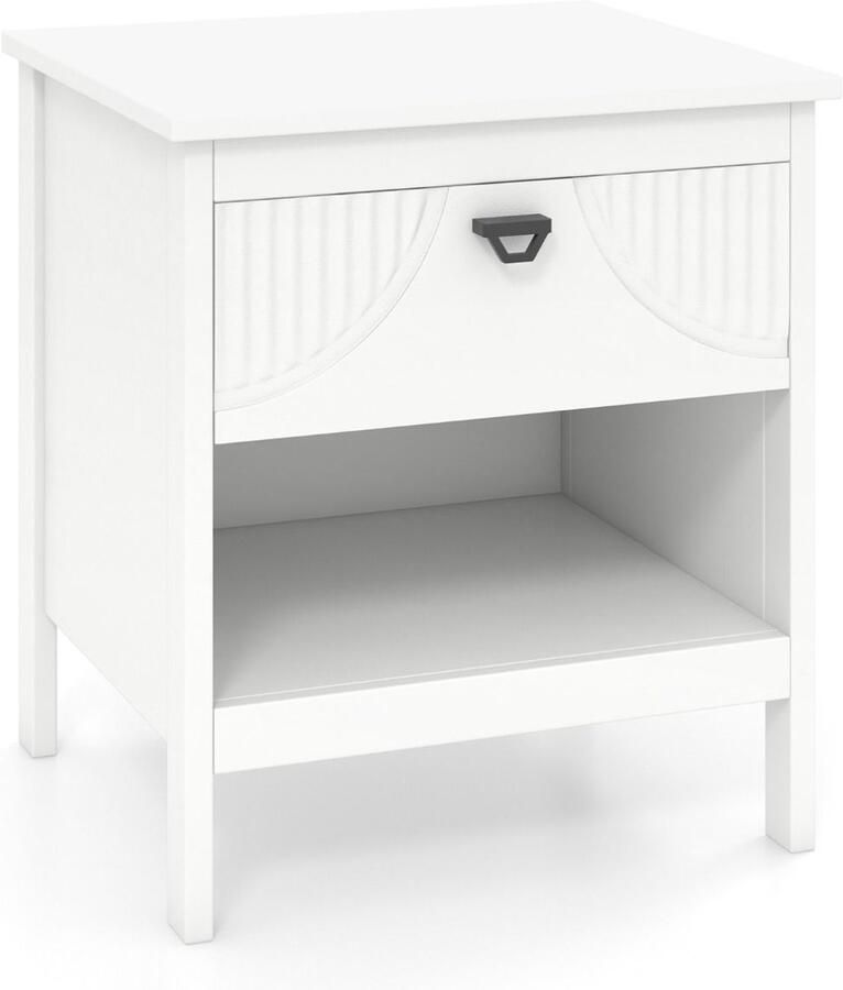 2-laags Bijzettafel met Lade – Houten Nachtkastje met Open Opbergplank Wit