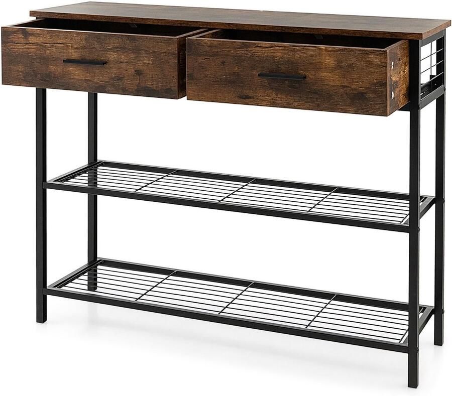 “2-Laags Consoletafel 100x30x81 5 cm – 2 Lades Industriële Stijl Metalen Frame Halmeubel Bruin Koffie”