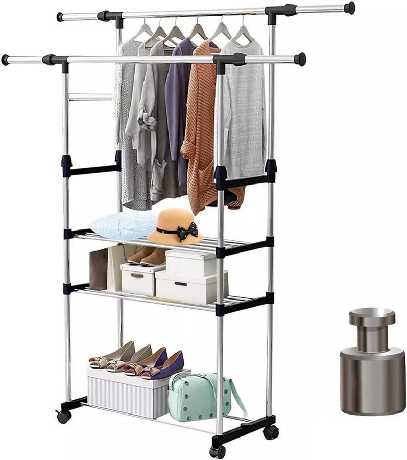 Bedee 2-laags dubbelstang droogrek van roestvrij staal verticaal kledingrek met 4 wielen in hoogte lengte verstelbaar voor slaapkamer woonkamer wasruimte