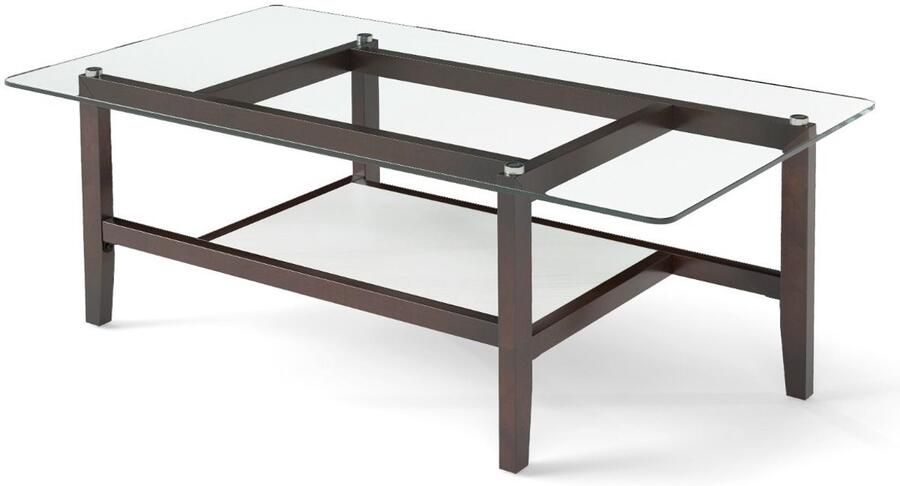 2-laags glazen salontafel – 107 cm rechthoekig massief rubberhouten poten bruin