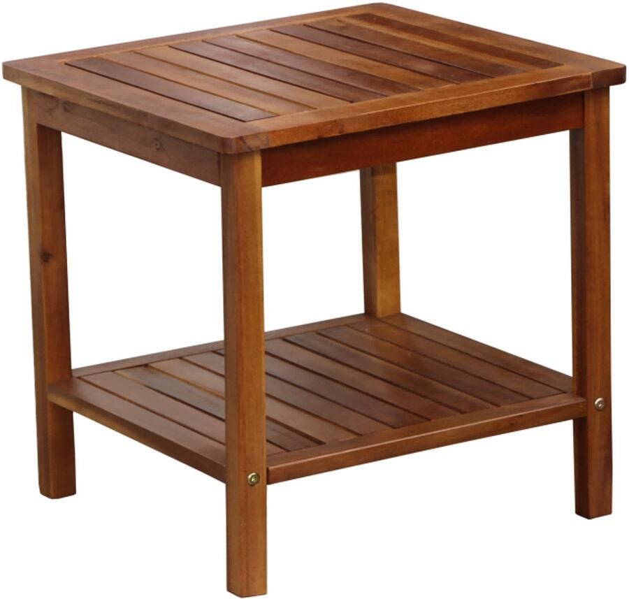 2-laags houten bijzettafel – Rechthoekige draagbare salontafel met lattenbodem voor binnen en buiten