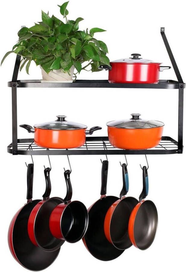 2-laags ijzeren keukenrek wandmontage met 10 haken keukengereihouder keukengerei pannenhouder pannenrek voor potten en pannen